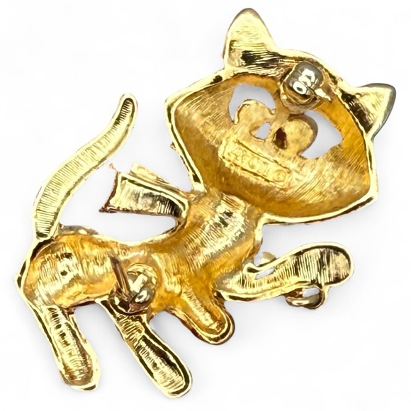 Vintage Avon Cat Bell Brooch Pin Gold Tone Rhinestone Eyes Signed Frisky Kitty - Picture 4 of 8